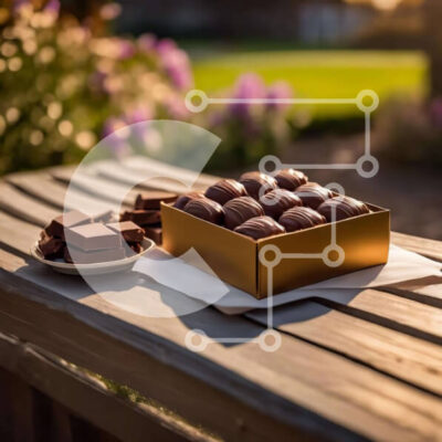 Intra Συλλεκτικό Ξύλινο Παζλ Plywood  4mm - Κουτί με καραμέλες σοκολάτας σε εξωτερικό ξύλινο τραπέζι Σε Ξύλινο Κουτί - Διαστάσεις: 10x10 cm – 25 κομμάτια - Image 1