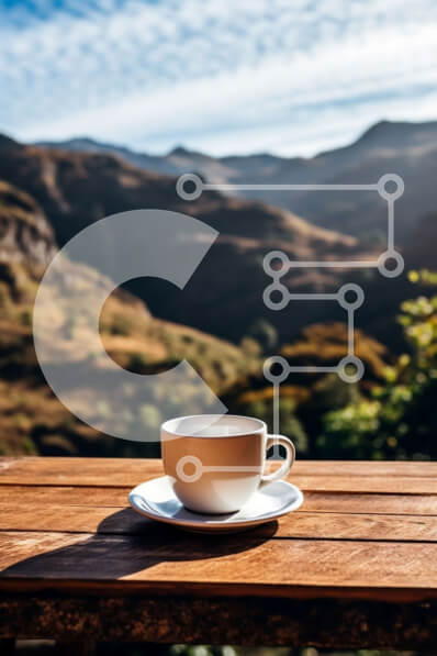 Intra Συλλεκτικό Ξύλινο Παζλ Plywood  4mm - Λευκό φλιτζάνι καφέ σε ξύλινο τραπέζι με θέα στο βουνό Σε Ξύλινο Κουτί - Διαστάσεις: 10x10 cm – 25 κομμάτια