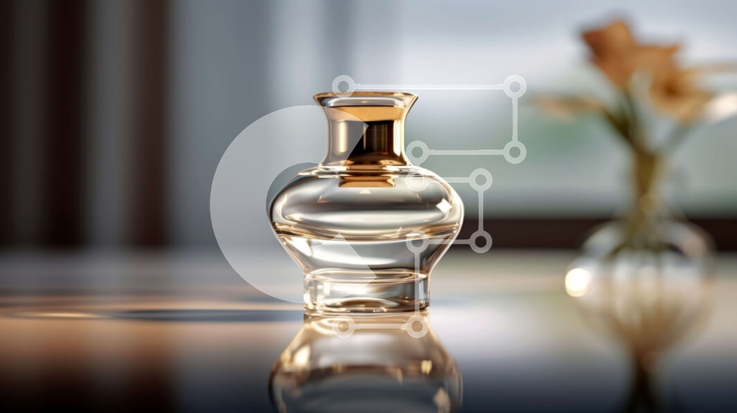 Intra Συλλεκτικό Ξύλινο Παζλ Plywood  4mm - Κομψό διαφανές γυάλινο μπουκάλι με χρυσό καπάκι και φόντο στον ορίζοντα της πόλης Σε Ξύλινο Κουτί - Διαστάσεις: 10x10 cm – 25 κομμάτια