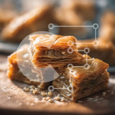 Intra Συλλεκτικό Ξύλινο Παζλ Plywood  4mm - Άποψη από κοντά του φρεσκοψημένου μπακλαβά με ψιλοκομμένους ξηρούς καρπούς και μέλι Σε Ξύλινο Κουτί - Διαστάσεις: 10x10 cm – 25 κομμάτια - Image 1