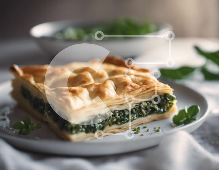 Intra Συλλεκτικό Ξύλινο Παζλ Plywood  4mm - Σπανακόπιτα σε λευκό πιάτο με φρέσκα χόρτα Σε Ξύλινο Κουτί - Διαστάσεις: 10x10 cm – 25 κομμάτια