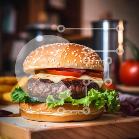 Intra Συλλεκτικό Ξύλινο Παζλ Plywood 4mm - Νόστιμο χάμπουργκερ με μαρούλι, ντομάτα και τυρί σε ξύλινο ξύλο κοπής Σε Ξύλινο Κουτί - Διαστάσεις: 10x10 cm – 25 κομμάτια - Image 1