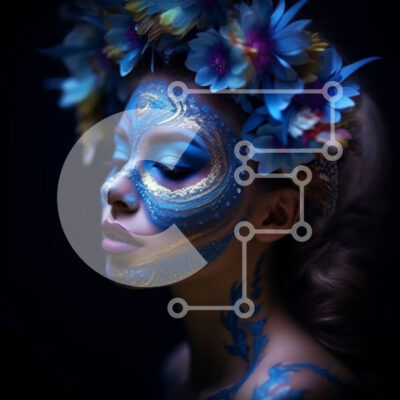 Intra Συλλεκτικό Ξύλινο Παζλ Plywood  4mm - Εκπληκτική φωτογραφία ομορφιάς μιας γυναίκας με μπλε χρώμα προσώπου και φλοράλ κόμμωση Σε Ξύλινο Κουτί - Διαστάσεις: 10x10 cm – 25 κομμάτια - Image 1