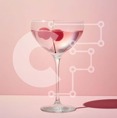 Intra Συλλεκτικό Ξύλινο Παζλ Plywood 4mm - Δροσιστικό ροζ ρόφημα με κεράσια σε ποτήρι Martini σε ροζ επιφάνεια Σε Ξύλινο Κουτί - Διαστάσεις: 10x10 cm – 25 κομμάτια - Image 1