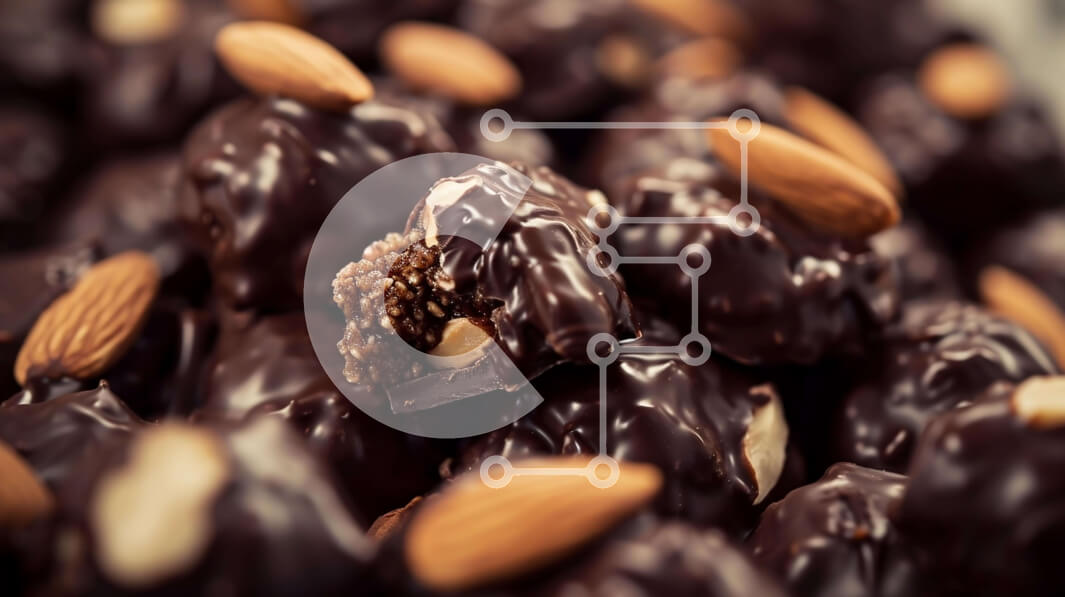 Intra Συλλεκτικό Ξύλινο Παζλ Plywood  4mm - Κοντινό πλάνο με αμύγδαλα με σοκολάτα και ανάμεικτους ξηρούς καρπούς Σε Ξύλινο Κουτί - Διαστάσεις: 10x10 cm – 25 κομμάτια