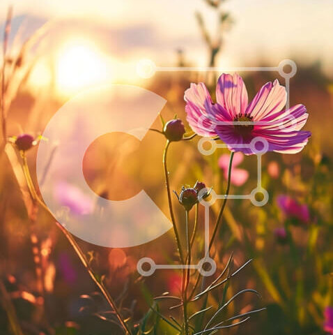 Intra Συλλεκτικό Ξύλινο Παζλ Plywood  4mm - Πεδίο με ροζ λουλούδια στο ηλιοβασίλεμα Σε Ξύλινο Κουτί - Διαστάσεις: 10x10 cm – 25 κομμάτια - Image 1