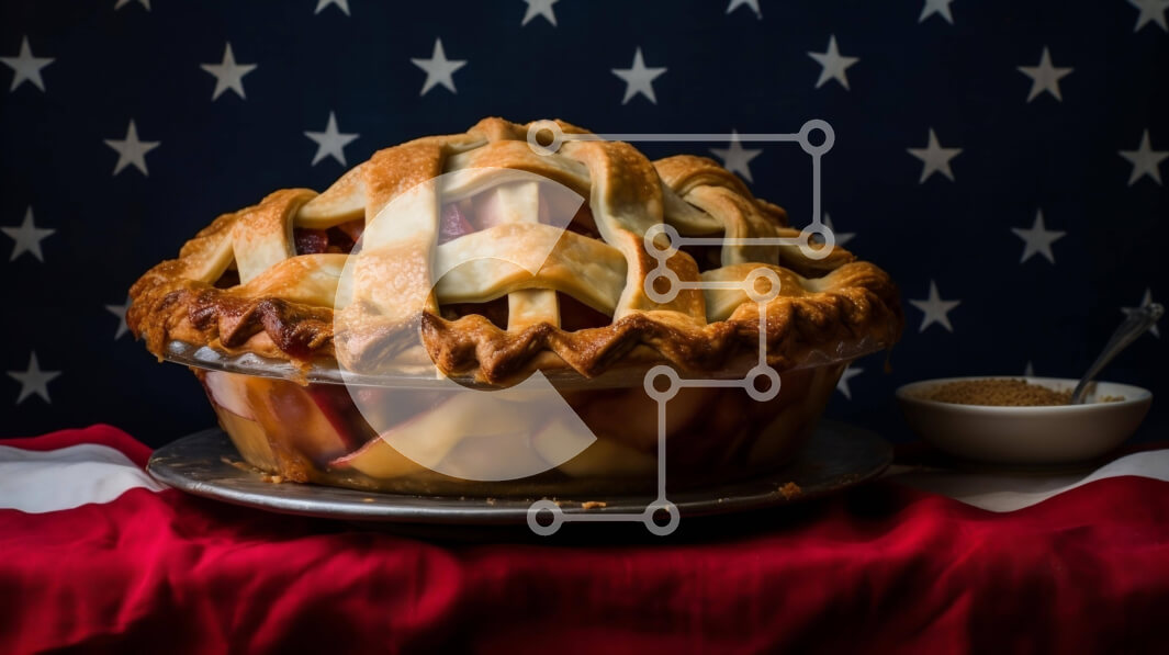 Intra Συλλεκτικό Ξύλινο Παζλ Plywood  4mm - Μηλόπιτα γεμάτη φρούτα σε φόντο αμερικανικής σημαίας Σε Ξύλινο Κουτί - Διαστάσεις: 10x10 cm – 25 κομμάτια