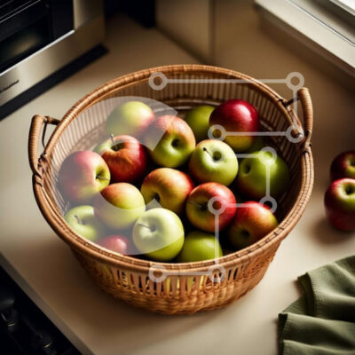 Intra Συλλεκτικό Ξύλινο Παζλ Plywood 4mm - Όμορφη εικόνα των μήλων σε ένα ψάθινο καλάθι σε έναν πάγκο κουζίνας Σε Ξύλινο Κουτί - Διαστάσεις: 10x10 cm – 25 κομμάτια - Image 1