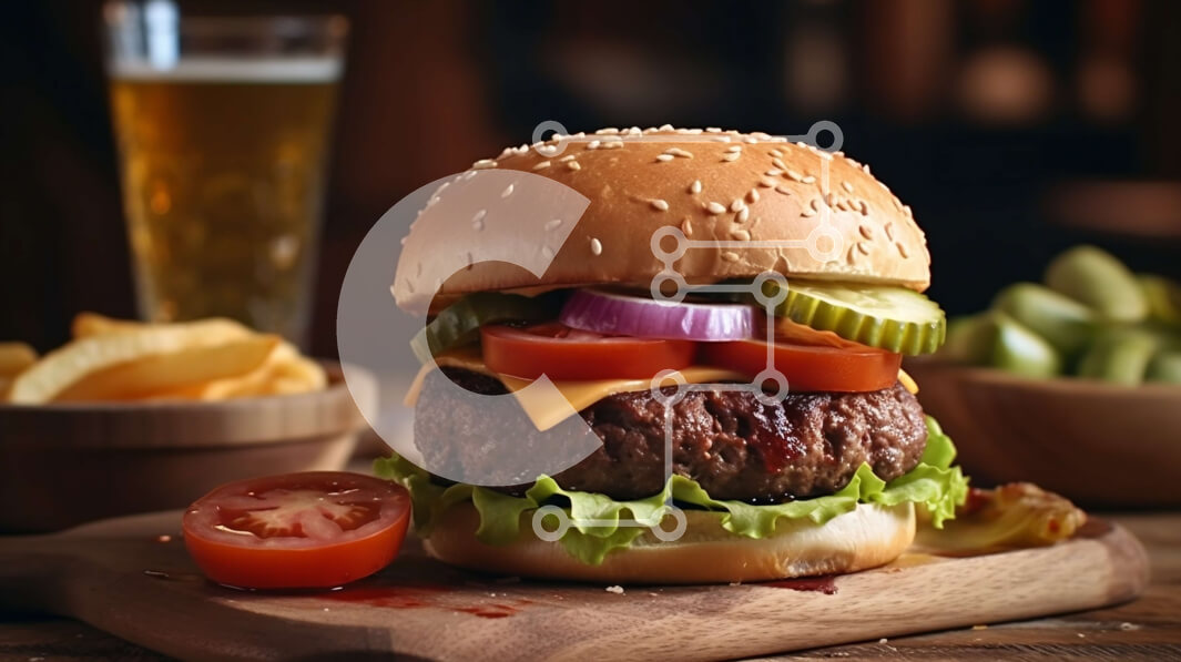 Intra Συλλεκτικό Ξύλινο Παζλ Plywood  4mm - Λαχταριστό cheeseburger με μαρούλι, ντομάτα και τουρσιά σε ξύλινη σανίδα Σε Ξύλινο Κουτί - Διαστάσεις: 10x10 cm – 25 κομμάτια