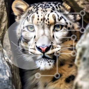 Intra Συλλεκτικό Ξύλινο Παζλ Plywood  4mm - Εκπληκτική εικόνα μιας λεοπάρδαλης του χιονιού που κρυφοκοιτάζει πίσω από έναν βράχο Σε Ξύλινο Κουτί - Διαστάσεις: 10x10 cm – 25 κομμάτια