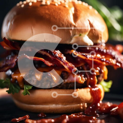 Intra Συλλεκτικό Ξύλινο Παζλ Plywood  4mm - Αλμυρό χάμπουργκερ με μπέικον και τυρί σε κομψό μαύρο πιάτο Σε Ξύλινο Κουτί - Διαστάσεις: 10x10 cm – 25 κομμάτια - Image 1