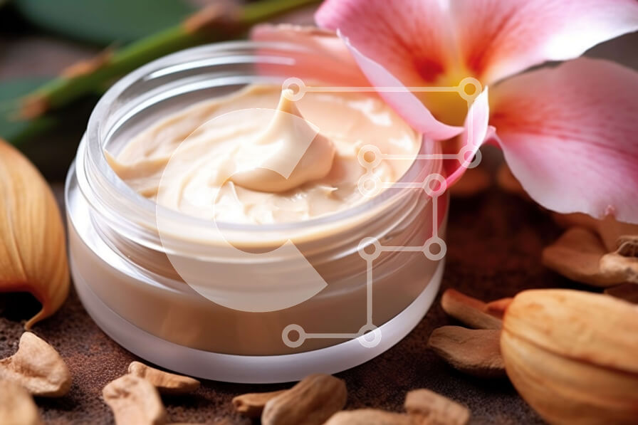 Intra Συλλεκτικό Ξύλινο Παζλ Plywood  4mm - Λαχταριστό βάζο λευκής κρέμας με αμύγδαλα και ροζ λουλούδι σε ξύλινη επιφάνεια Σε Ξύλινο Κουτί - Διαστάσεις: 10x10 cm – 25 κομμάτια