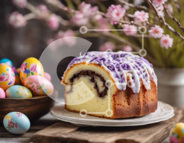 Intra Συλλεκτικό Ξύλινο Παζλ Plywood  4mm - Τούρτα Bundt με μωβ γλάσο και πασχαλινά αυγά Σε Ξύλινο Κουτί - Διαστάσεις: 10x10 cm – 25 κομμάτια