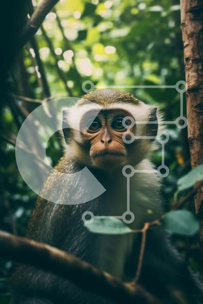 Intra Συλλεκτικό Ξύλινο Παζλ Plywood  4mm - Κοντινή εικόνα του προσώπου του πιθήκου με εκφραστικά μάτια σε σκηνικό ζούγκλας Σε Ξύλινο Κουτί - Διαστάσεις: 10x10 cm – 25 κομμάτια