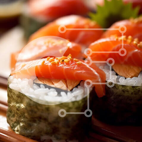 Intra Συλλεκτικό Ξύλινο Παζλ Plywood 4mm - Νόστιμα ρολά σούσι με φρέσκο σολομό και κρεμώδες αβοκάντο Σε Ξύλινο Κουτί - Διαστάσεις: 10x10 cm – 25 κομμάτια - Image 1