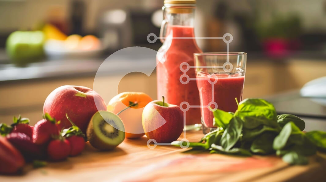 Intra Συλλεκτικό Ξύλινο Παζλ Plywood  4mm - Φρέσκα φρούτα και λαχανικά σε ξύλο κοπής με ένα ποτήρι χυμό φράουλας στην κουζίνα Σε Ξύλινο Κουτί - Διαστάσεις: 10x10 cm – 25 κομμάτια