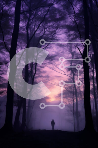 Intra Συλλεκτικό Ξύλινο Παζλ Plywood  4mm - Πρόσωπο που περπατά μέσα από το δάσος στο ηλιοβασίλεμα με τον πορφυρό ουρανό Σε Ξύλινο Κουτί - Διαστάσεις: 10x10 cm – 25 κομμάτια