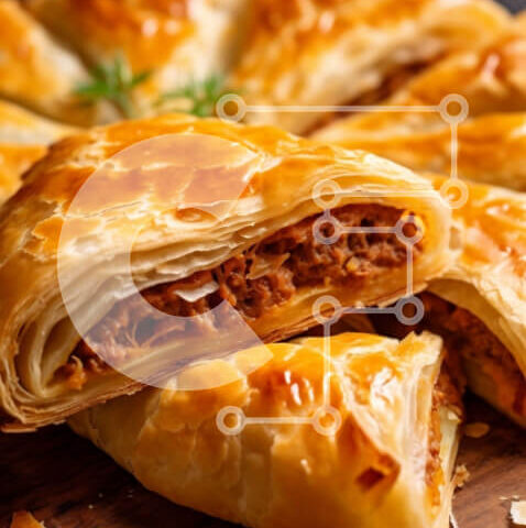 Intra Συλλεκτικό Ξύλινο Παζλ Plywood  4mm - Νόστιμη ζύμη με τυρί με γέμιση κρέας σε ξύλινο ξύλο κοπής Σε Ξύλινο Κουτί - Διαστάσεις: 10x10 cm – 25 κομμάτια - Image 1