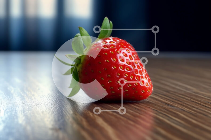 Intra Συλλεκτικό Ξύλινο Παζλ Plywood  4mm - Ζωντανή εικόνα μιας κόκκινης φράουλας σε ένα ξύλινο τραπέζι με μια μπλε κουρτίνα Σε Ξύλινο Κουτί - Διαστάσεις: 10x10 cm – 25 κομμάτια