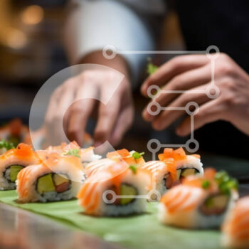 Intra Συλλεκτικό Ξύλινο Παζλ Plywood  4mm - Φρεσκοπαρασκευασμένα ρολά σούσι στο τραπέζι Σε Ξύλινο Κουτί - Διαστάσεις: 10x10 cm – 25 κομμάτια - Image 1