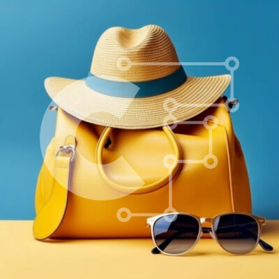 Intra Συλλεκτικό Ξύλινο Παζλ Plywood  4mm - Κομψό σετ αξεσουάρ: Κίτρινη τσάντα, ψάθινο καπέλο και γυαλιά ηλίου σε μπλε φόντο Σε Ξύλινο Κουτί - Διαστάσεις: 10x10 cm – 25 κομμάτια - Image 1