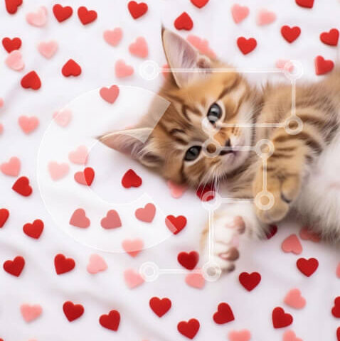 Intra Συλλεκτικό Ξύλινο Παζλ Plywood  4mm - Αξιολάτρευτο γατάκι με κόκκινες καρδιές σε λευκό φόντο Σε Ξύλινο Κουτί - Διαστάσεις: 10x10 cm – 25 κομμάτια - Image 1