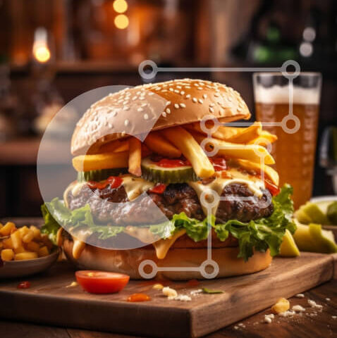 Intra Συλλεκτικό Ξύλινο Παζλ Plywood  4mm - Juicy Cheeseburger με πατάτες τηγανιτές και μπύρα - Νόστιμη φωτογραφία φαγητού Σε Ξύλινο Κουτί - Διαστάσεις: 10x10 cm – 25 κομμάτια - Image 1