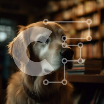 Intra Συλλεκτικό Ξύλινο Παζλ Plywood  4mm - Αξιολάτρευτη εικόνα ενός σκύλου Golden Retriever σε μια βιβλιοθήκη Σε Ξύλινο Κουτί - Διαστάσεις: 10x10 cm – 25 κομμάτια - Image 1