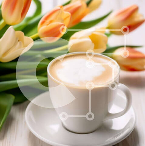 Intra Συλλεκτικό Ξύλινο Παζλ Plywood  4mm - Καφές με σαντιγί και πορτοκαλί τουλίπες Σε Ξύλινο Κουτί - Διαστάσεις: 10x10 cm – 25 κομμάτια - Image 1