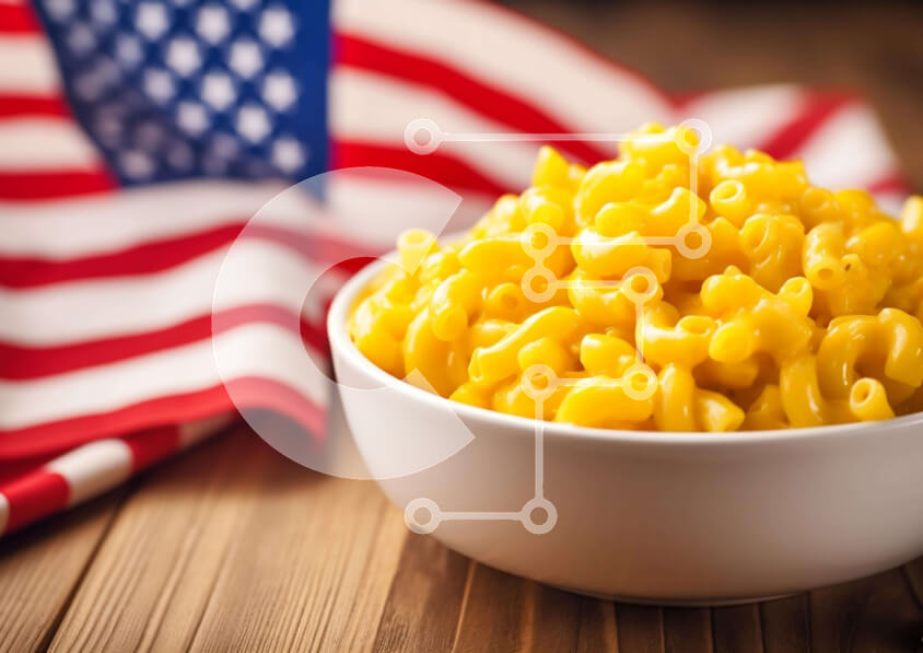 Intra Συλλεκτικό Ξύλινο Παζλ Plywood  4mm - Μακαρόνια και τυρί με φόντο αμερικανική σημαία Σε Ξύλινο Κουτί - Διαστάσεις: 10x10 cm – 25 κομμάτια