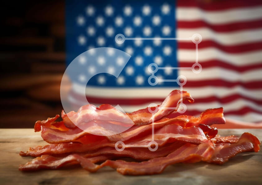 Intra Συλλεκτικό Ξύλινο Παζλ Plywood  4mm - Μπέικον σε ένα ξύλινο τραπέζι με την αμερικανική σημαία στο φόντο Σε Ξύλινο Κουτί - Διαστάσεις: 10x10 cm – 25 κομμάτια