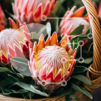 Intra Συλλεκτικό Ξύλινο Παζλ Plywood  4mm - Φρέσκα λουλούδια Protea σε ψάθινο καλάθι Σε Ξύλινο Κουτί - Διαστάσεις: 10x10 cm – 25 κομμάτια - Image 1