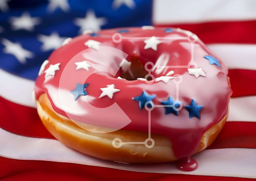 Intra Συλλεκτικό Ξύλινο Παζλ Plywood  4mm - Πατριωτικό ντόνατ σε φόντο αμερικανικής σημαίας Σε Ξύλινο Κουτί - Διαστάσεις: 10x10 cm – 25 κομμάτια