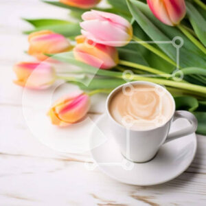 Intra Συλλεκτικό Ξύλινο Παζλ Plywood  4mm - Φλιτζάνι καφέ και τουλίπες σε ξύλινο τραπέζι Σε Ξύλινο Κουτί - Διαστάσεις: 10x10 cm – 25 κομμάτια