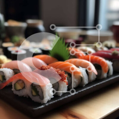 Intra Συλλεκτικό Ξύλινο Παζλ Plywood  4mm - Διάφοροι τύποι σούσι σε μαύρο δίσκο με σάλτσα σόγιας και Wasabi στο πλάι Σε Ξύλινο Κουτί - Διαστάσεις: 10x10 cm – 25 κομμάτια - Image 1