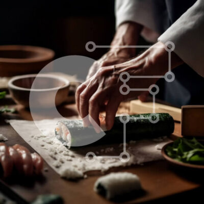 Intra Συλλεκτικό Ξύλινο Παζλ Plywood  4mm - Σεφ σούσι που ετοιμάζει φρέσκα ρολά σούσι με ψάρια, λαχανικά και ρύζι Σε Ξύλινο Κουτί - Διαστάσεις: 10x10 cm – 25 κομμάτια - Image 1