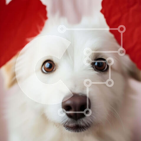 Intra Συλλεκτικό Ξύλινο Παζλ Plywood  4mm - Λευκός σκύλος που γιορτάζει την Ημέρα του Αγίου Βαλεντίνου με χάρτινα αυτιά σε σχήμα καρδιάς Σε Ξύλινο Κουτί - Διαστάσεις: 10x10 cm – 25 κομμάτια - Image 1