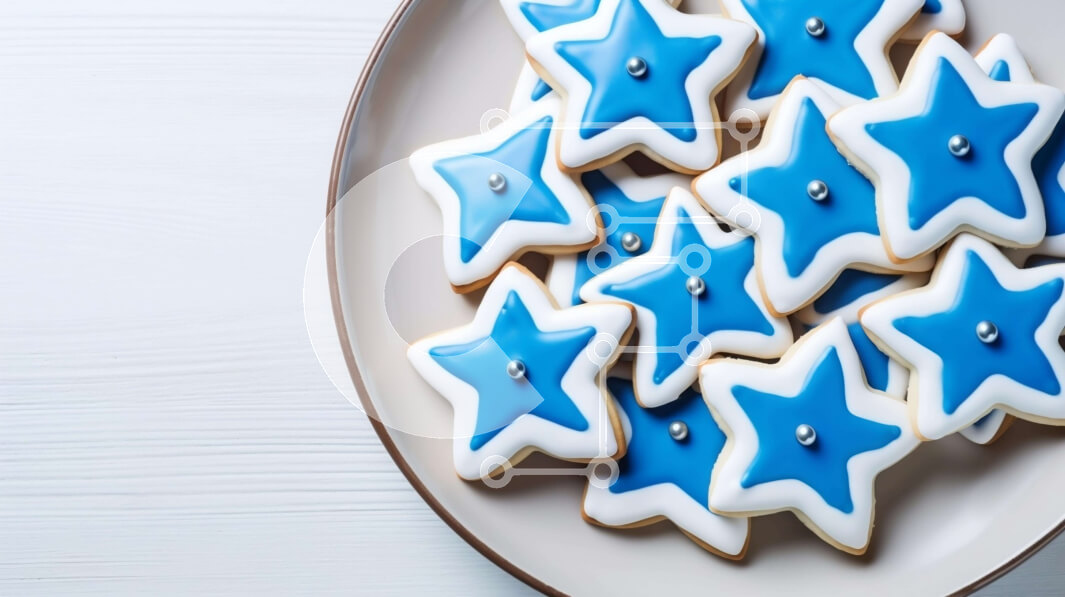 Intra Συλλεκτικό Ξύλινο Παζλ Plywood  4mm - Μπλε και άσπρα μπισκότα σε σχήμα αστεριού στο πιάτο Σε Ξύλινο Κουτί - Διαστάσεις: 10x10 cm – 25 κομμάτια