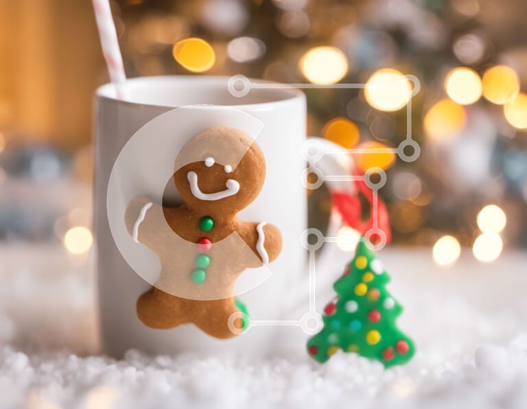 Intra Συλλεκτικό Ξύλινο Παζλ Plywood  4mm - Λευκό φλιτζάνι καφέ με στολίδι Gingerbread Man και νιφάδες χιονιού Σε Ξύλινο Κουτί - Διαστάσεις: 10x10 cm – 25 κομμάτια