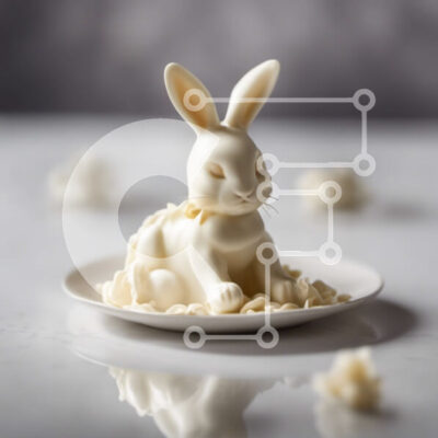 Intra Συλλεκτικό Ξύλινο Παζλ Plywood  4mm - Λευκό ειδώλιο λαγουδάκι με κομμάτια λευκής σοκολάτας σε ένα πιάτο Σε Ξύλινο Κουτί - Διαστάσεις: 10x10 cm – 25 κομμάτια - Image 1