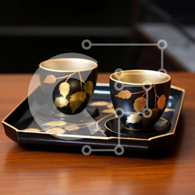 Intra Συλλεκτικό Ξύλινο Παζλ Plywood  4mm - Μαύρος δίσκος με χρυσά φλιτζάνια για καφέ ή τσάι Σε Ξύλινο Κουτί - Διαστάσεις: 10x10 cm – 25 κομμάτια - Image 1