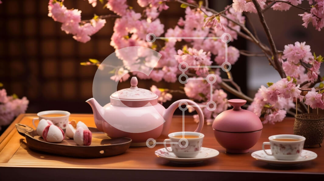 Intra Συλλεκτικό Ξύλινο Παζλ Plywood  4mm - Ροζ τσαγιέρα με φλιτζάνια και μπισκότα στο τραπέζι με ανθισμένες κερασιές Σε Ξύλινο Κουτί - Διαστάσεις: 10x10 cm – 25 κομμάτια