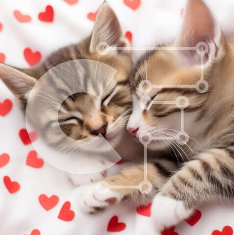 Intra Συλλεκτικό Ξύλινο Παζλ Plywood  4mm - Δύο γατάκια που κοιμούνται σε ένα κρεβάτι με κόκκινες καρδιές Σε Ξύλινο Κουτί - Διαστάσεις: 10x10 cm – 25 κομμάτια - Image 1