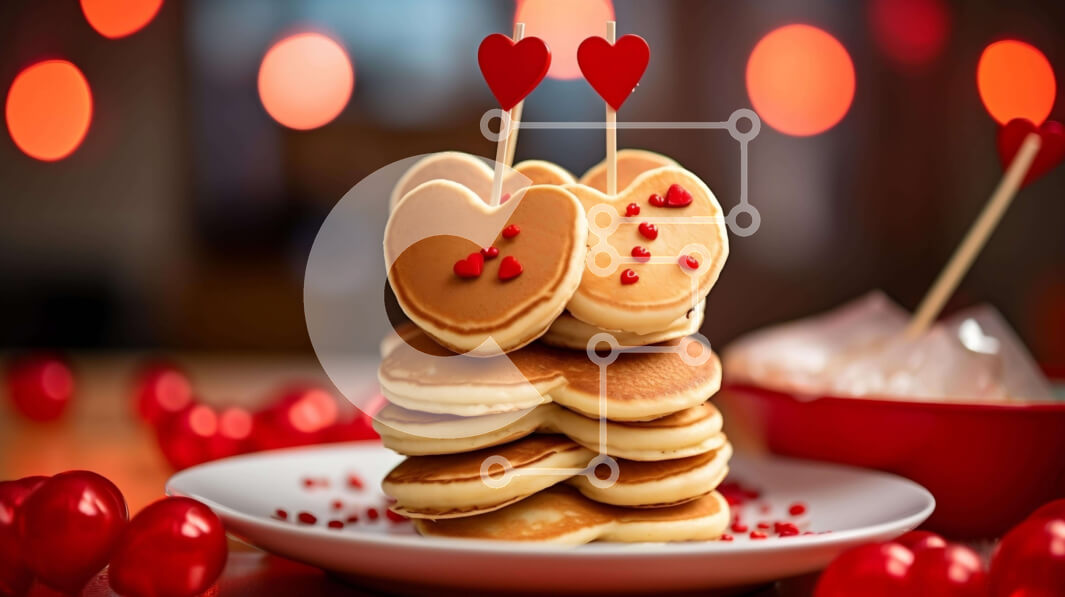 Intra Συλλεκτικό Ξύλινο Παζλ Plywood  4mm - Στοίβα από τηγανίτες σε σχήμα καρδιάς με κόκκινα και λευκά μπαλόνια Σε Ξύλινο Κουτί - Διαστάσεις: 10x10 cm – 25 κομμάτια