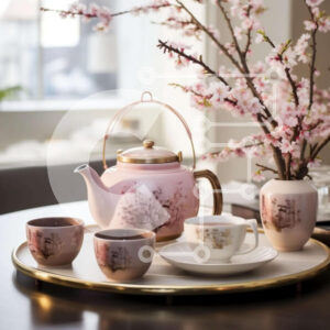 Intra Συλλεκτικό Ξύλινο Παζλ Plywood  4mm - Ροζ τσαγιέρα και φλιτζάνια σε οβάλ δίσκο με λουλούδια Σε Ξύλινο Κουτί - Διαστάσεις: 10x10 cm – 25 κομμάτια