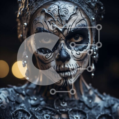 Intra Συλλεκτικό Ξύλινο Παζλ Plywood  4mm - Γοτθικό μακιγιάζ κρανίου με μαύρο φόρεμα και ασημένια κοσμήματα Σε Ξύλινο Κουτί - Διαστάσεις: 10x10 cm – 25 κομμάτια - Image 1