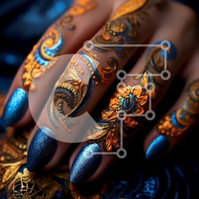 Intra Συλλεκτικό Ξύλινο Παζλ Plywood  4mm - Περίπλοκα σχέδια με μπλε και χρυσό χέννα σε γυναικείο χέρι Σε Ξύλινο Κουτί - Διαστάσεις: 10x10 cm – 25 κομμάτια - Image 1