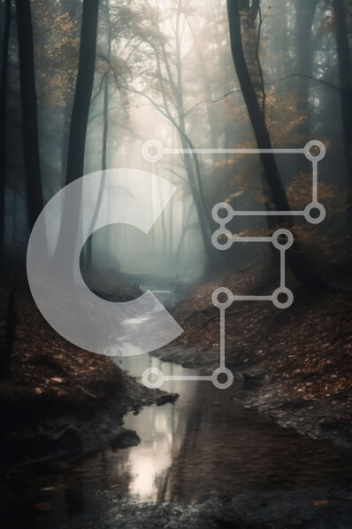 Intra Συλλεκτικό Ξύλινο Παζλ Plywood  4mm - Misty Forest με ομιχλώδη δέντρα και ρεύμα που τρέχει μέσα από αυτό Σε Ξύλινο Κουτί - Διαστάσεις: 10x10 cm – 25 κομμάτια