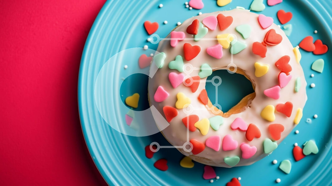 Intra Συλλεκτικό Ξύλινο Παζλ Plywood  4mm - Πολύχρωμο πασπαλισμένο ντόνατ σε μπλε πιάτο με καρδιές Σε Ξύλινο Κουτί - Διαστάσεις: 10x10 cm – 25 κομμάτια