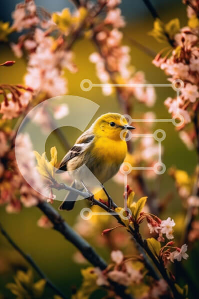 Intra Συλλεκτικό Ξύλινο Παζλ Plywood  4mm - Όμορφη εικόνα μικρού κίτρινου πουλιού σκαρφαλωμένο σε κλαδί με ροζ λουλούδια Σε Ξύλινο Κουτί - Διαστάσεις: 10x10 cm – 25 κομμάτια